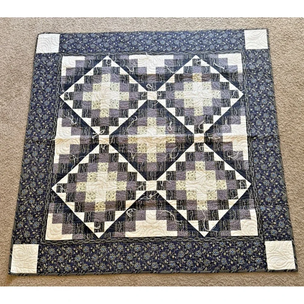 Vintage Style Handmade Prayer Qulit Patchwork Quilt Shades of Blue 50